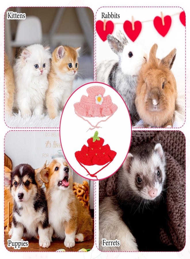 Matwsec 2PCS Strawberry Cat Hats Cute Flower Crochet Hats for Cats Small Pets Birthday Party Christmas Halloween Easter Travel Accessories Puppy Hat - Image 5